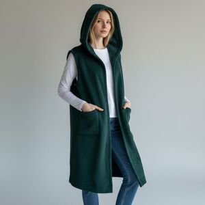 NWT Chic Solid Dark Green Hooded Sleeveless Long Vest with pockets for women L
